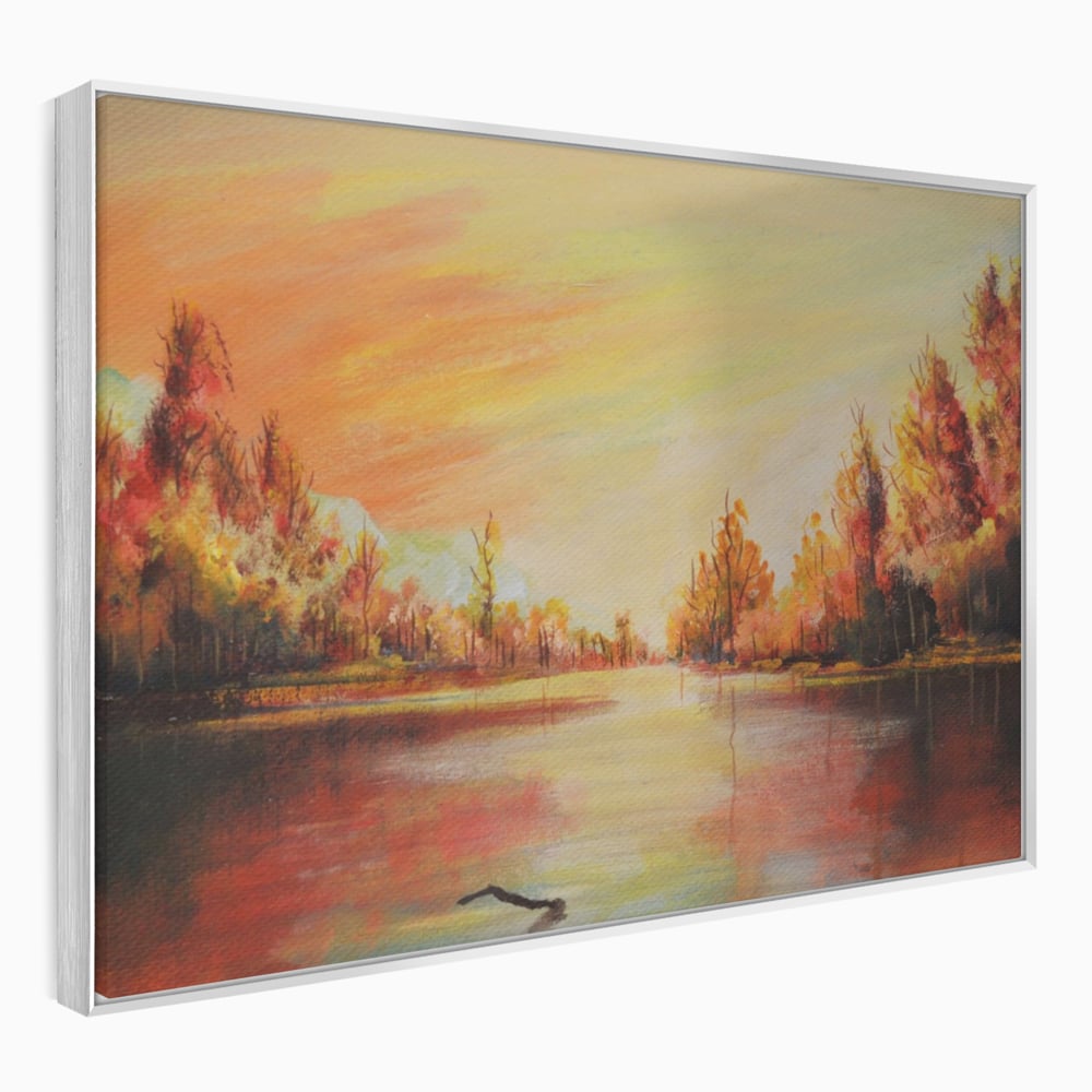 Tablou canvas cu pictura cu peisaj de toamna si lac, in rama de aluminiu argintiu